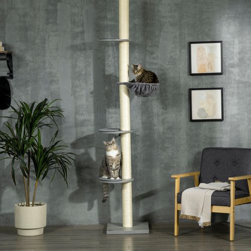 Grau-cremefarbener deckenhoher Katzenkratzbaum (40x40x230-250cm) Mit Kratzbäumen, Sitzstangen, Hängematte und höhenverstellbarem Aufbau