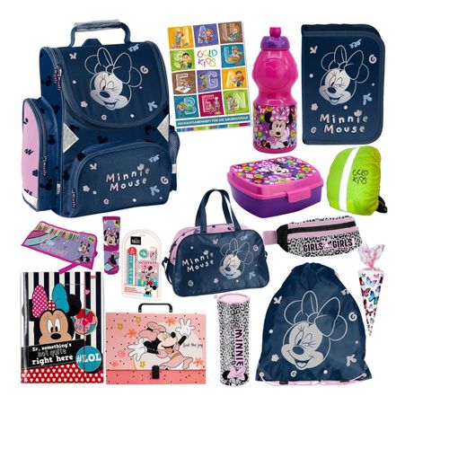 Schulranzen für Jungen und Mädchen, 15er-Set - Schul-Rucksack für Kinder mit Federmäppchen - Schuhbeutel Trinkflasche und Brotdose - Minnie Motiv