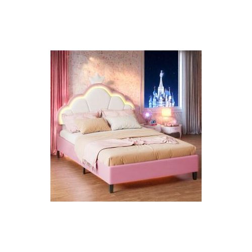 UnboxG Kinderbett (140x200cm) mit Lichtstreifen, Polsterbett mit Kronenartigem Kopfteil, Einfach & Zeitsparend Montierbar, Rosa+Weiß
