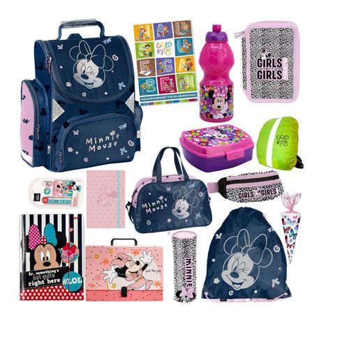 Schulranzen für Jungen und Mädchen, 15er-Set - Schul-Rucksack für Kinder mit Federmäppchen - Schuhbeutel Trinkflasche und Brotdose - Minnie Motiv
