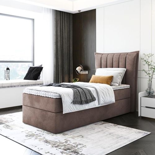 Kinderbett, Boxspringbett LUMORA MINI mit T25 Topper, Einzelbett, Stauraum, Schlafzimmer, Polsterbett, 100x200 cm. (Braun - Itaka 20)