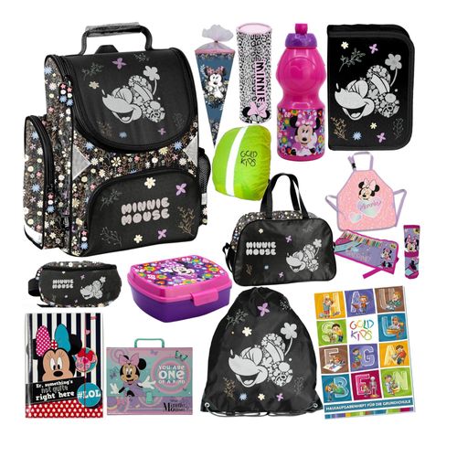 Schulranzen für Jungen und Mädchen, 15er-Set - Schul-Rucksack für Kinder mit Federmäppchen - Schuhbeutel Trinkflasche und Brotdose - Minnie Motiv
