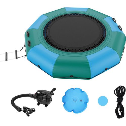 Aufblasbarer Wassertrampolin mit Leiter, Wasserdichte, Abriebfeste, Wassertrampoline 3,05 m Großen Sprungfläche, Sprungplattform-Wasserpark Pool Trampolin, Blau + Grun 185 kg Tragfähigkeit