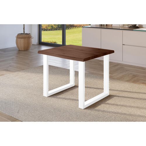 Esstisch 80x80 cm Baumkante Holz Nussbaum-Optik U-Gestell Metall weiß JULIUS