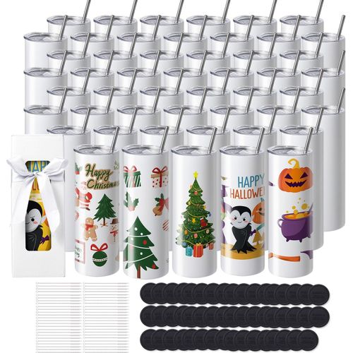 50er-Pack gerade Sublimationsbecher, 591,5 ml Blanko-Becher, Edelstahl-Doppelwandbecher mit Strohhalm, Deckel, Bürste, Boden, Schrumpffolie, Geschenkbox, für Wärmepresse & Wärmeübertragung