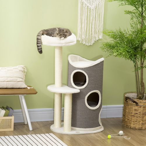 Wei?er Moderner Katzenkratzbaum C 109cm H?he, Kratztonne mit 3 Ebenen & kuscheligem Katzenbett, stabiler Plywood-Konstruktion f¹r Katzen unter 5kg
