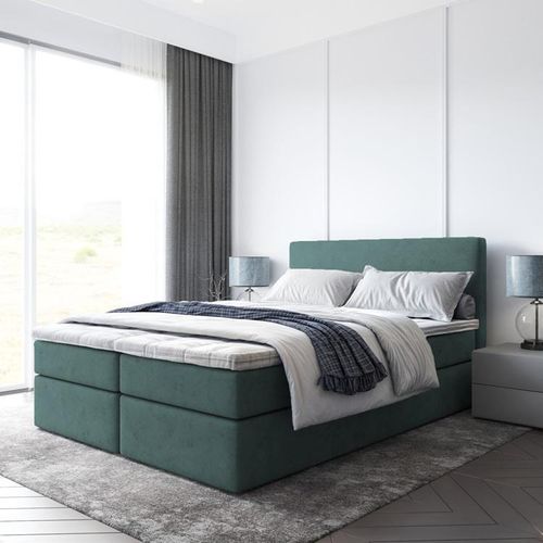 Bett Boxspringbett TOP mit Topper T25 und Bettkästen - Doppelbett, Stauraum, Schlafzimmer, Polsterbett, Bettgestell (140x200, Grün - ITAKA 10)