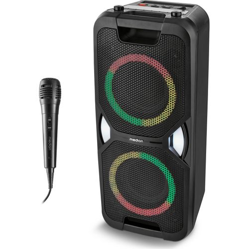 MEDION PE-1 Pure Partybox (Akku, mit Mikrofon, tragbarer Bluetooth Lautsprecher groß, Musikbox, verschiedene Lichteffekte, Partylautsprecher mit Karaoke, 2 x Mikrofonanschluss, AUX, USB, Radio)