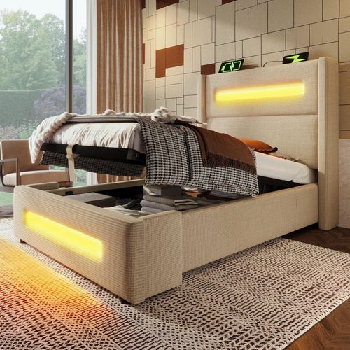 Odikalo Stauraumbett Polsterbett Jugendbett Hydraulik Stauraum USB 90x200cm mit Matratze Beige