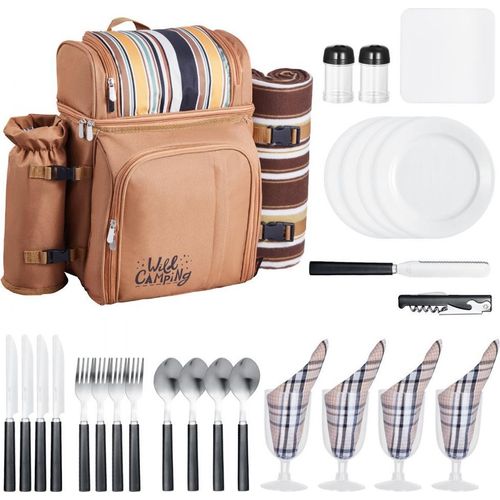 Picknickrucksack für 4 Personen mit Kühlfach - Abnehmbare Picknicktasche - Braun