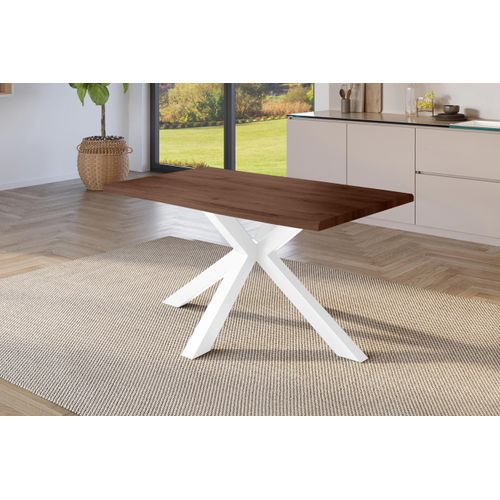Esstisch 140x80 cm Baumkante Holz Nussbaum-Optik Spider-Gestell Metall weiß JULIUS