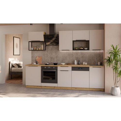 Küche SOLANO BASIC LOFT 280 cm Küchenzeile Küchenblock Einbauküche Kaschmir beige matt + Eiche Artisan matt