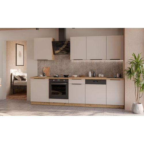 Küche SOLANO BASIC 280 cm Küchenzeile Küchenblock Einbauküche Kaschmir beige matt + Eiche Artisan matt