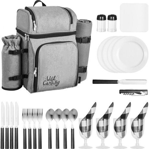 Picknickrucksack 2 Personen mit Kühlfach - 25L Graue Picknicktasche für Wandern - Tragbarer Picknick-Set Rucksack