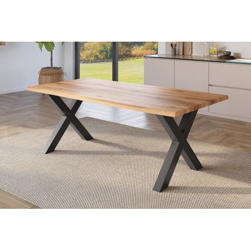 Esstisch Baumkante Holz-Optik Wildeiche 180 x 90 X-Gestell schwarz JULIUS