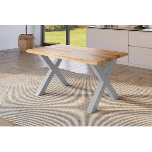 Esstisch 160x85 cm Baumkante Holz Wildeiche-Optik X-Gestell Metall silber JULIUS