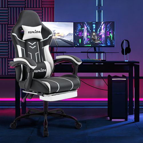 Odikalo Gaming-Stuhl Computerstuhl Bürostuhl Ergonomisch Polsterstuhl Fußstütze Schwarz Weiss