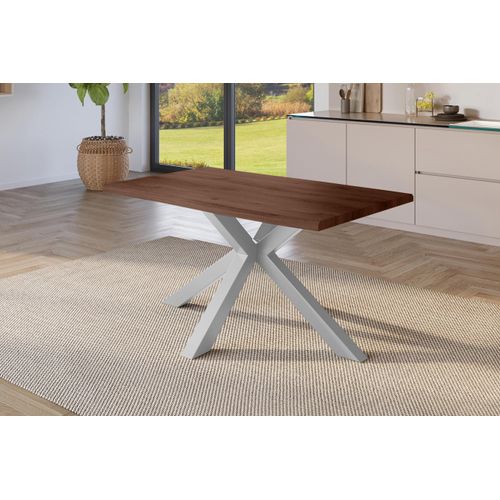 Esstisch 140x80 cm Baumkante Holz Nussbaum-Optik Spider-Gestell Metall silber JULIUS