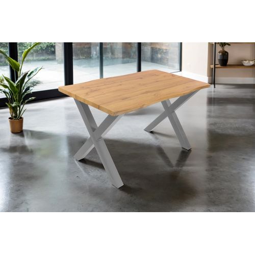 Esstisch 120x80 cm Baumkante Holz Wildeiche-Optik X-Gestell Metall silber JOSY