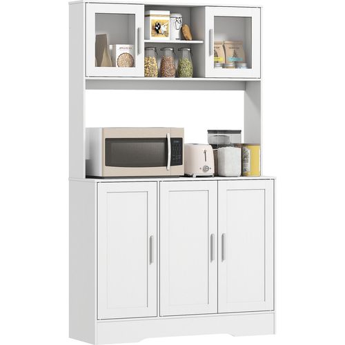 HOMCOM Küchenschrank Hochschrank mit Arbeitsplatte Buffetschrank mit Verstellbaren Einlegeböden, 5 Türen, Vorratsschrank mit Glastüren, Skandinavisches Design, Weiß