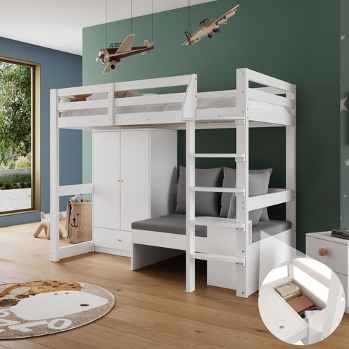 Hochbett für Kinder,Multifunktionales Kinderbett, mit eine Leiter, mit Kleiderschrank, Sofa mit Stauraum, drei Kissen und Auflagen, mit Ablageboden, ohne Matratze, Massivholz, weiß, 90 x 200