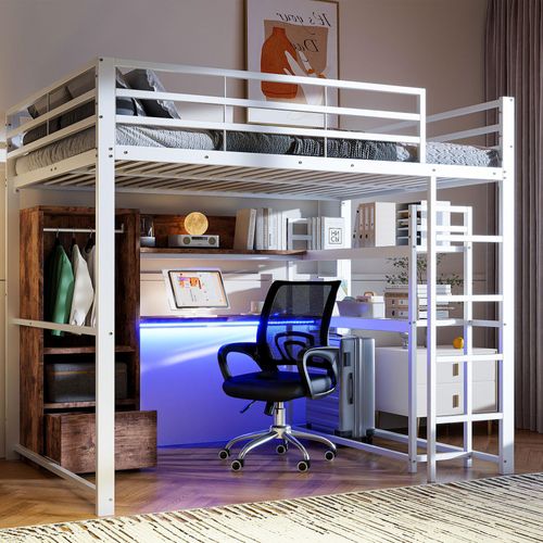 Hochbett, 140x200cm , Metallbett, Mit LED-Leuchten, Schreibtisch, 1 Schubladen, Regale, Geländer, Treppe, ohne Matratze, Weiß