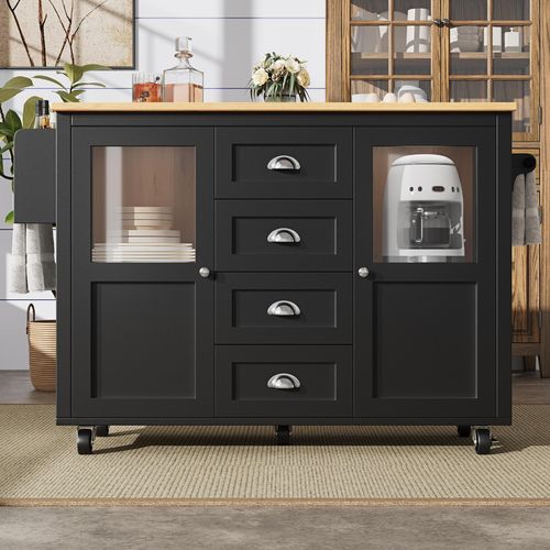 Kücheninsel mit Rollen, 120×73(45)×93 cm, Schubladen, Türen, Weiß/Schwarz