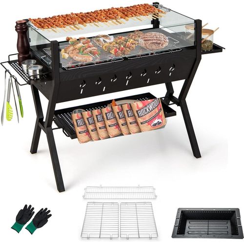 KOMFOTTEU Holzkohlegrill Edelstahl, Campinggrill mit Windschutzscheibe & Gewürzhalter, Gartengrill inkl. Handschuhen Metall Grillrost