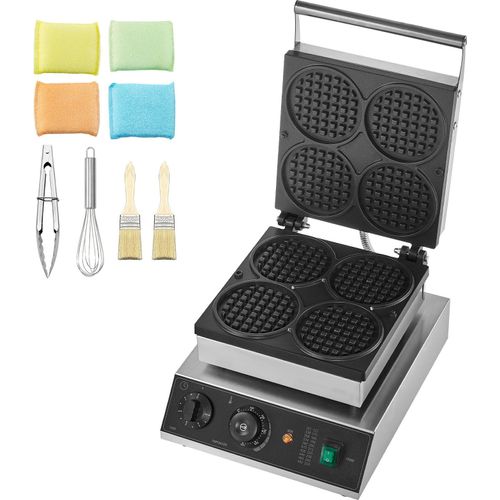SucceBuy Kommerzielles Waffeleisen, 4-teilig, rund, 1750 W, antihaftbeschichteter Edelstahl, Temperatur- und Zeitregelung, für Restaurant, Bäckerei, Snackbar, Familie
