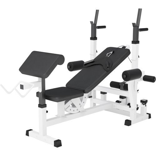 GORILLA SPORTS® Multifunktion Hantelbank - Verstellbar, mit Langhantel-Ablage, Curlpult und Butterfly, Dip-Station, Beinstrecker, Weiß - Trainingsbank, Kraftstation, Bankdrücken, Bank