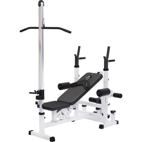 GORILLA SPORTS® Kraftstation - Hantelbank mit verstellbare Hantelablage, Latzugturm, Butterfly, Beincurler, Weiss - Trainingsbank, Fitnessstation, Trainingsstation
