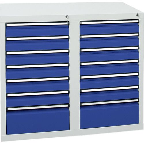 Stumpf Schubladenschrank Serie STS 410, 14 Schubladen enzianblau (12x100, 2x200mm)
