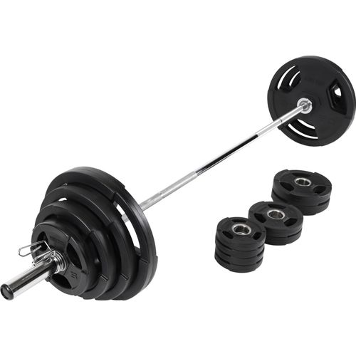 GORILLA SPORTS® Langhantel Set Olympia - 130kg Gewichten und Langhantelstange 218cm, 50mm, mit Federverschlüssen, gerändelt, Chrom, Kunststoff Hantelscheiben - Hantelset, Gewichtsscheiben, Hanteln