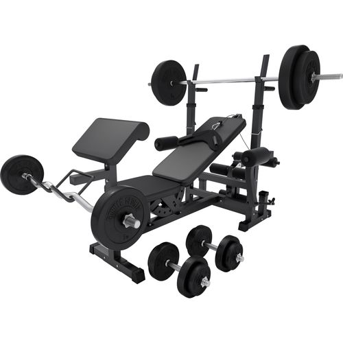 GORILLA SPORTS® Kraftstation - inkl. Hantelset 100kg, mit Hantelablage, Latzug, Butterfly und Beincurl, Verstellbar, Schwarz - Multifunktion Hantelbank, Trainingsbank, Fitnessstation