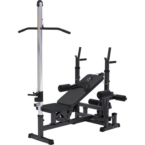 GORILLA SPORTS® Kraftstation - Hantelbank mit verstellbare Hantelablage, Latzugturm, Butterfly, Beincurler, Schwarz - Trainingsbank, Fitnessstation, Trainingsstation