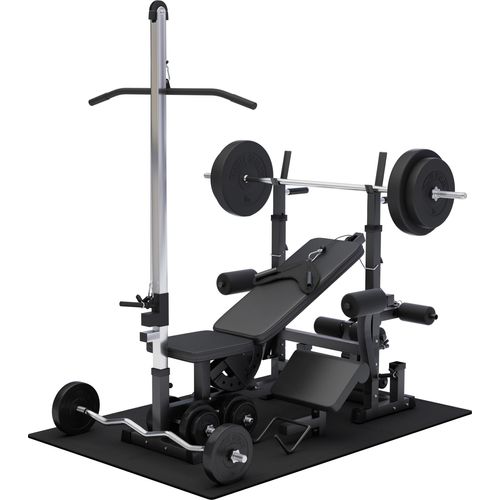 GORILLA SPORTS® Kraftstation - Hantelbank mit verstellbare Hantelablage, Latzugturm, Butterfly, Curlpult, Beincurler und 100 kg Hantelset - Trainingsbank, Fitnessstation, Trainingsstation