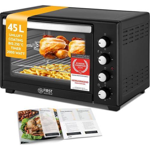 TZS First Austria - Minibackofen 45L 2000W - Mini Backofen Pizzaofen Temperaturregelung bis 230°C & Antihaftbeschichtung - Miniofen 60 Min. Timer, 4 Einschubhöhen, Backblech, Grillrost & Drehspieß