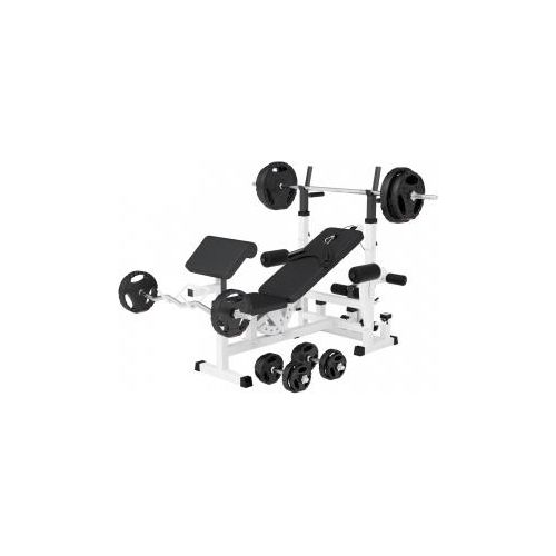 GORILLA SPORTS® Multifunktion Hantelbank - mit Hantelset 100kg, Hantelablage, Latzug, Dip-Station, Butterfly, Curlpult, Beincurler, Verstellbar, Weiß - Kraftstation, Trainingsbank