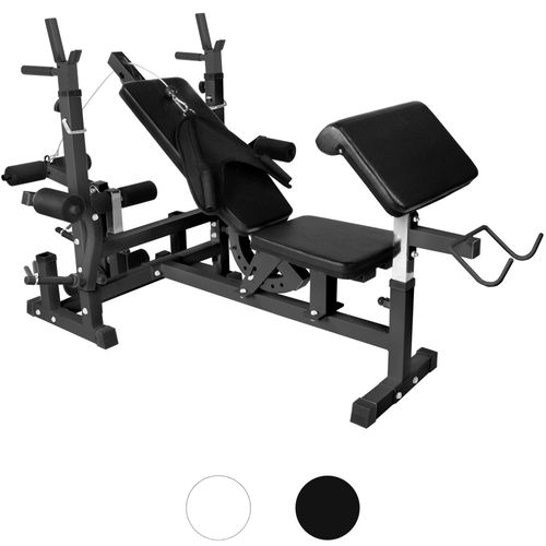 GORILLA SPORTS® Kraftstation - Hantelbank mit verstellbare Hantelablage, Latzugturm, Butterfly, Curlpult, Beincurler und 100 kg Hantelset, Farbwahl - Trainingsbank, Fitnessstation, Trainingsstation