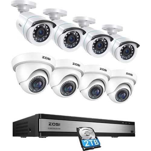 ZOSI 16CH Überwachungskamera Set, 8 1080P Dome + Bullet Kamera Aussen System mit 2TB HDD DVR, Bewegung Alarm, IP66 Wasserdicht
