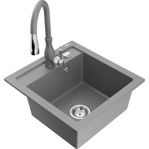 Mexen Vito 1-Becken-Granit-Spüle mit Mischbatterie Savita, Grau - 6503-71-672601-71