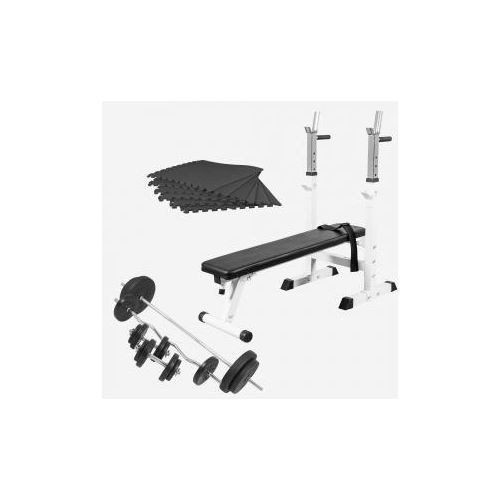 GORILLA SPORTS® Hantelbank - mit 100kg Hantelset, inkl. 6 Schutzmatten, Ablage und Dip-Station, Klappbar, Verstellbar, Weiß - Flachbank, Drückerbank, Multifunktion, Trainingsbank mit Gewichten