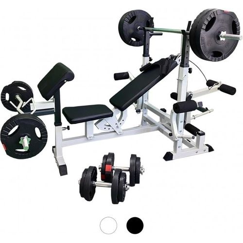 GORILLA SPORTS® Hantelbank - mit 100kg Hantelset, Ablage, Dip-Station, Verstellbar, Weiß - Multifunktion Trainingsbank mit Gewichten, Kraftstation