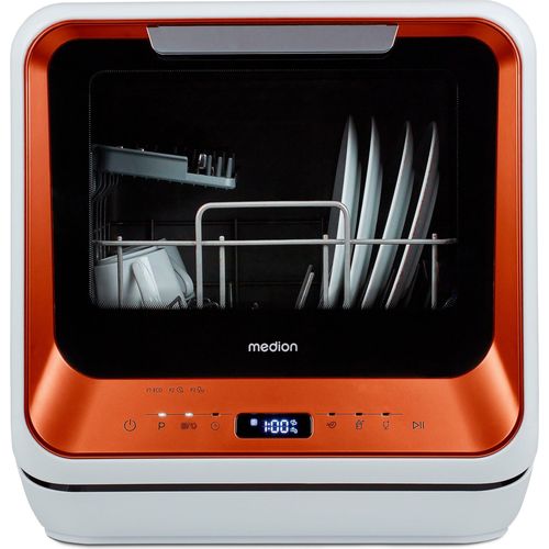 MEDION Mini Geschirrspüler DWT20 (Tischgeschirrspüler, Spülmaschine, 2 Maßgedecke, funktioniert mit/ohne Wasseranschluss, 6 Reinigungsprogramme, Babyflaschen, Startzeitvorwahl, freistehend) bronze