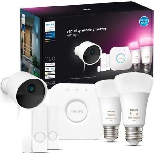 Philips Hue Secure Starter Pack Überwachungskamera + 2 Sensoren + 2 Glühbirnen + Philips Bridge