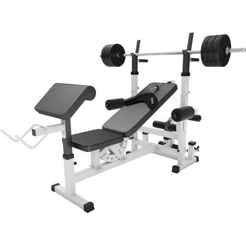 GORILLA SPORTS® Kraftstation mit Langhantel - 170 cm Hantelstange, 40 kg Hantelset, Beincurler, Butterfly, Dip-station, Curlpult, Weiß