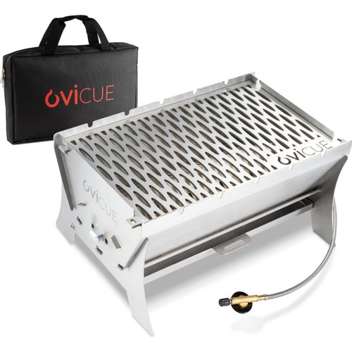 ovicue Grill klein M | Mobiler Steck-Gasgrill – Tragbarer Edelstahlgrill mit Stecksystem – Gas- & Holzkohlebetrieb – Inkl. Tragetasche