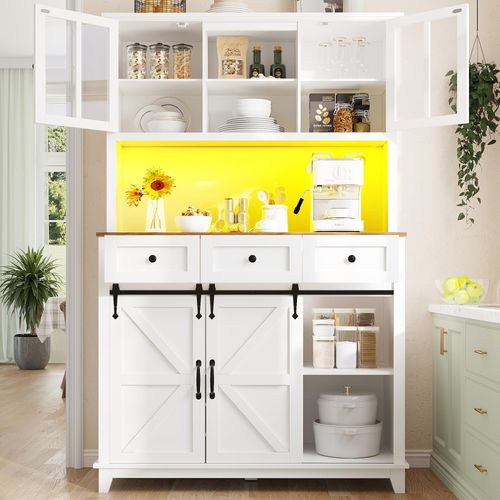 MODFU Küchenschrank Hochschrank mit Verstellbaren Ablagen,Küchenbuffet/Vitrinenschrank mit Variable LED-Beleuchtung,weiß