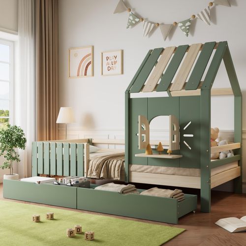 MODFU Kinderbett90x200cmHausbett Designmit Dach&Fenster&SchubladenStauraumbettohne MatratzeGrün+Natur