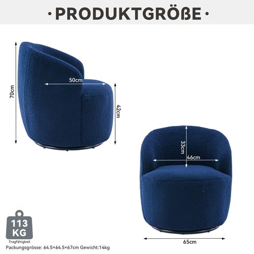 Drehbarer Akzentsessel aus Teddystoff, Fassstuhl mit schwarzem Pulverbeschichtungs-Metallring, Blau